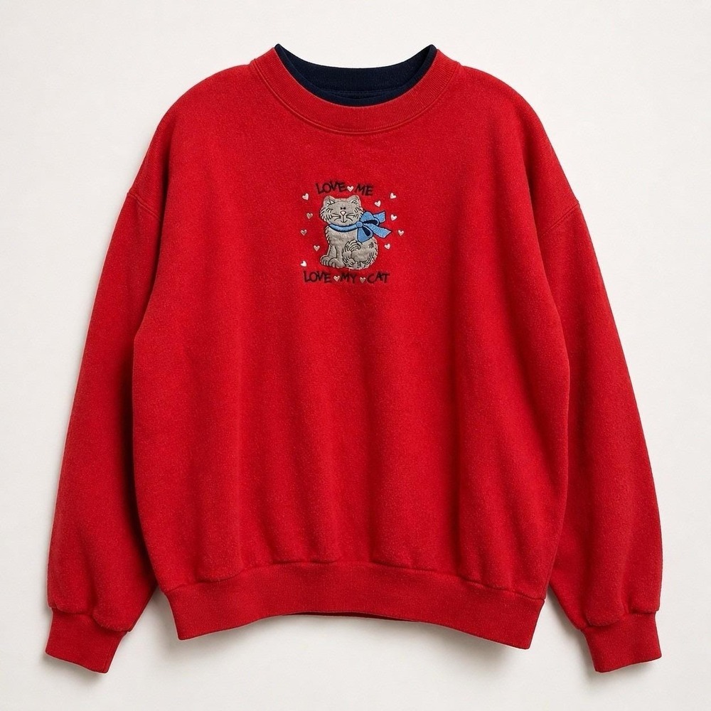 Vtg 90s Cute Cat Graphic Sweatshirt L Red Studded Hearts Crewneck Cozy Kawaii